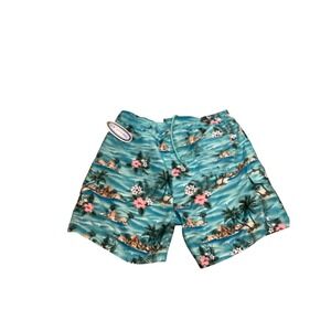 US Apparel Men's Tropical Hawaiian Swim Trunks Turquoise Palm Print Size Large